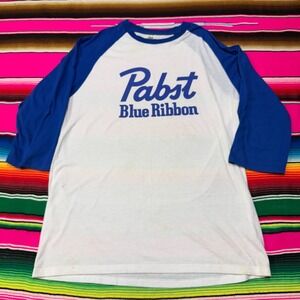 Vintage Pabst Blue Ribbon PBR Baseball‎ T-Shirt Men's XL Blue White Beer Raglan